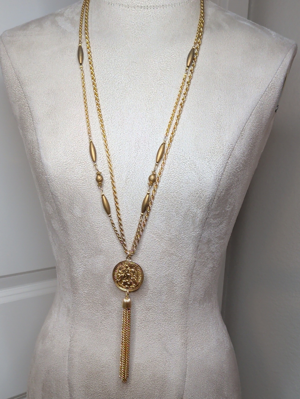 Vintage 80s Casual Corner Gold Tassel Medallion Necklace Roman St George Patron